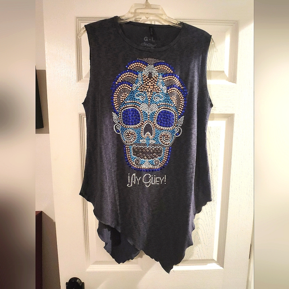 Ay Guey rhinestone skull sleeveless shirt